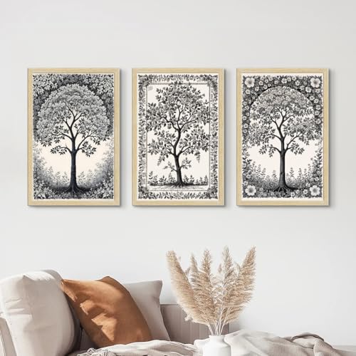 Image of ArtX Paper Monochrome Paintings with Frame for Home Decor Wall Art, Black and White Wall Painting for Living Room, Multicolor, Natural Wood Color Frames, 12.0x18.0 inch, Set of 3