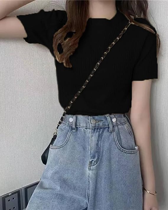 Image of Slim Fit Plain Stretchable Round Neck Rib Knit Short Sleeve Regular Top for Women | T Shirt | Tee