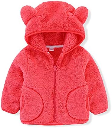 Toddler Baby Girls Boys Winter Jacket 3D Bear Ears Hooded Coat Faux Fur Fleece Fuzzy Sherpa Long Sleeve Thick Warm Outwear Kids Easter Outfit Flannel Thicken Fall Hoodie Snowsuit Watermelon Red 4-5T