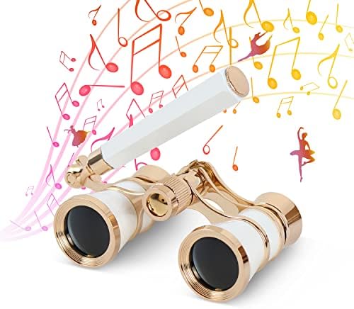 Aomekie Opera Glasses Binoculars 3X25 Theater Glasses Lorgnette Mini Binocular Compact with Handle for Adults Kids Women in Musical Concert（White）