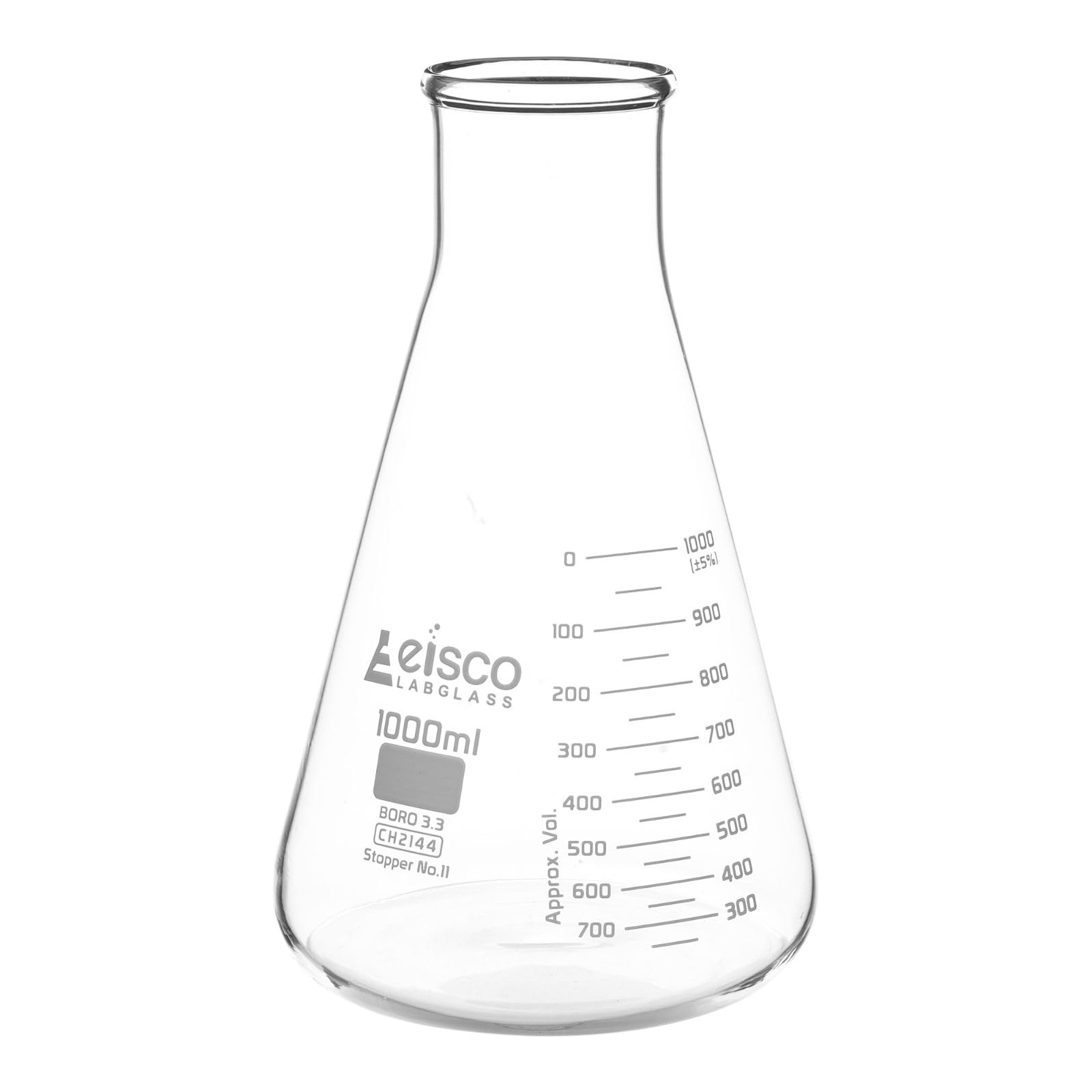 EISCO Erlenmeyer, fiaschetta in vetro borosilicato, 1000 ml, collo largo, ASTM, doppia scala graduata, in vetro borosilicato, collo largo, conico, fiaschetta in vetro
