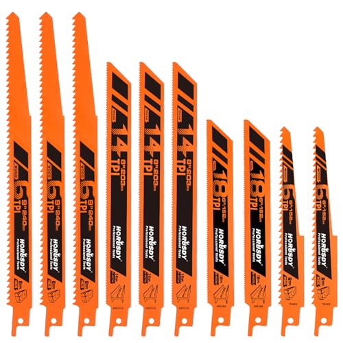 HORUSDY 10-Piece Reciprocating Saw Blades Set with Storage Case 6 8 & 9 Wood & Metal Cutting Blades Bi-Metal and High Carbon Steel Saw Blades for Fast Clean and Durable Cutting