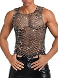 ChiaoLezhee Rhinestones Rave Outfits, Sparkly Mesh Tank Tops, Men's Sexy Sheer Fishnet Shirt for Music Festival, Crewneck Sleeveless Glitter Going Out Vest Crop Clubwear,Black,Small