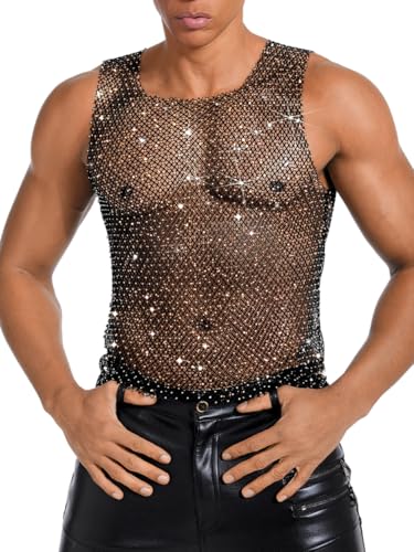 Rhinestones Rave Outfits, Sparkly Mesh Tank Tops, Men's Sexy Sheer Fishnet Shirt for Music Festival