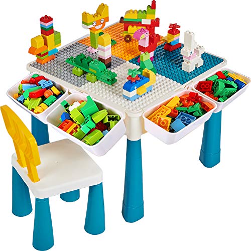 Bausteine Spieltisch,Kindertisch und Stuhl Set mit 130 Stücke Blocks, Platte, Kompatibel mit Große Bausteine Set,6 in 1 Schreibtisch, Geschenk für Jungen und Mädchen, Wasser /Sand /Zeichnen /Essen