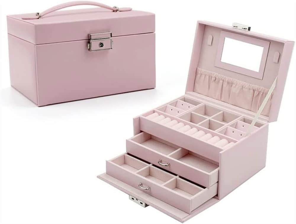TIANQIHAO Pu Leather Jewelry Box Organizer, Portable Jewelry Box, Jewelry Box For Women Girls, 3 Layer Jewelry Organizer Box, Travel Jewelry Case,Pink