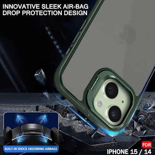 Image of TheGiftKart Hybrid Back Cover Case for iPhone 15 / iPhone 14 | Built-in Stand | Shockproof Hard Case Cover for iPhone 15 / iPhone 14 (PC & TPU, Frosted Matte Back, Green Sides)