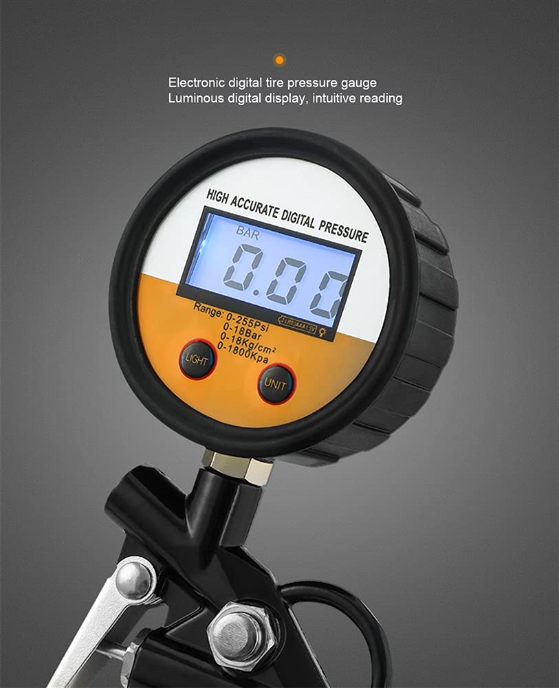 Manometr w oponach, cyfrowy miernik ciśnienia w oponach, cyfrowy wyświetlacz LCD 255 PSI, z wężem gazowym i rurką sprężynową, nakładki na zawory do monitorowania ciśnienia w oponach, narzędzie samoc