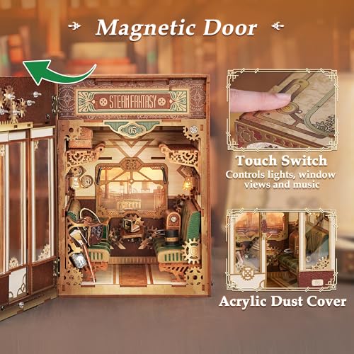 Image of Tonecheer DIY Book Nook Kit for Adults, Miniature Infinity Train Cabin Steam Age Vintage Carriage Model, Wooden 3D Puzzle Dollhouse Booknook Decorative Bookend Gifts (Steam Fantasy)