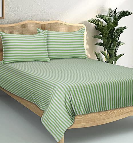 Image of AIRWILL, 200GSM Handloom Cotton Double Bedsheet with 2 Pillow Covers (Candy Stripe Green)