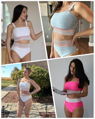 Image of High Waisted Bandeau Bikini Set - Women Strapless Two Piece Swimsuits Ribbed Longline Full Coverage Bathing Suits Swimwear