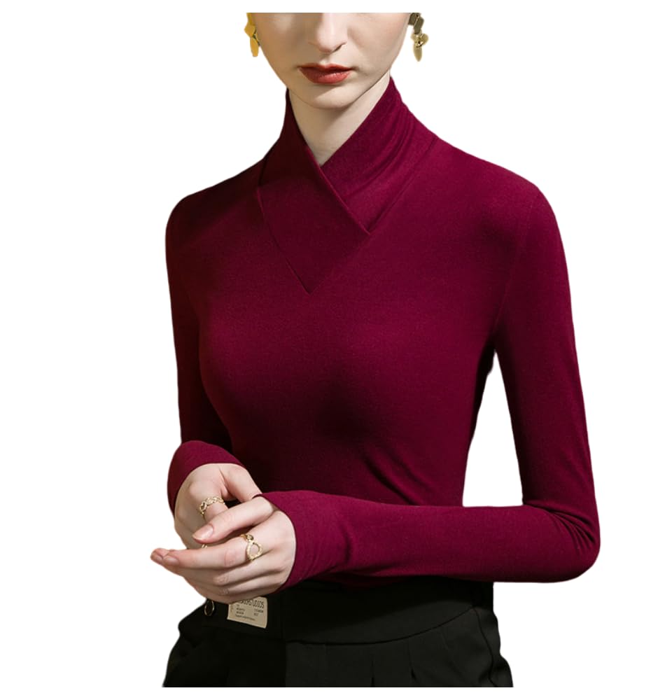 Meufam Women Mock Neck Baselayer Ultra Soft Long Sleeve Undershirt Lightweight Solid Color Basic Slim Tops Blouse Shirts (Wine red,Medium,Medium,Female,Adult,US,Alpha,Regular,Regular)