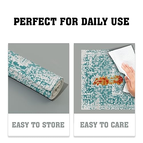 Image of Gray Teal Boho Placemats Set of 4 Ethnic Bohemian Carpet Place Mats Washable Kitchen Dining Vintage Grey Geography Floral Linen Table Mats Stain Heat-Resistant Cloth Tabel for Home Party 12x18 in