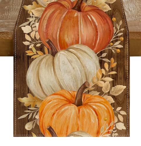 RABUSOFA Pumpkins Golden Maple Leaves Fall Table Runner,Seasonal Autumn Thanksgiving Kitchen Dining Table Fall Decorations for Home Party Decor 13x72 Inch