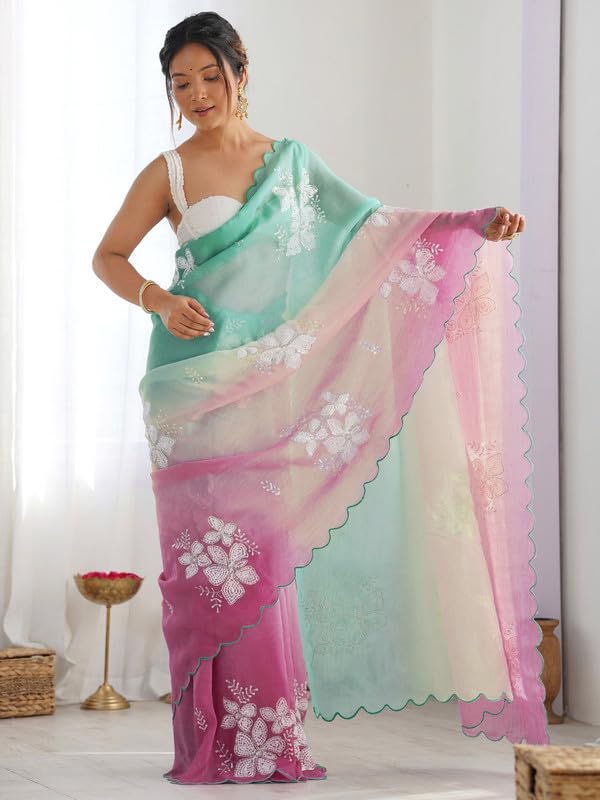 Image of Women's Orange-Yellow Ombre Saree with Floral Embroidery | Lightweight & Festive Saree | Elegant Ethnic Wear for Women
