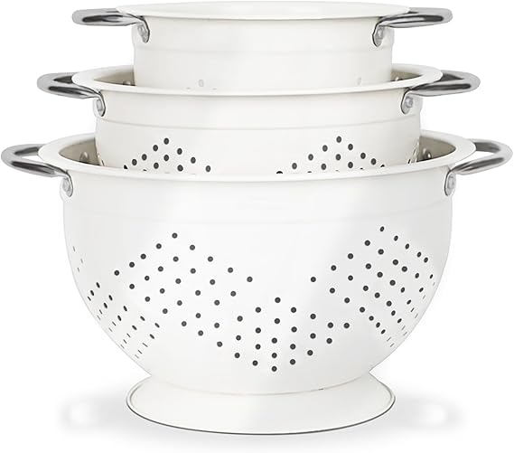 Hillbond Colander Set of 3, 1.5, 3, 5 QT Powder Coated Metal Strainers with Riveted Stainless Steel Handles and Stable Base, Food Strainers and Colanders for Kitchen, White