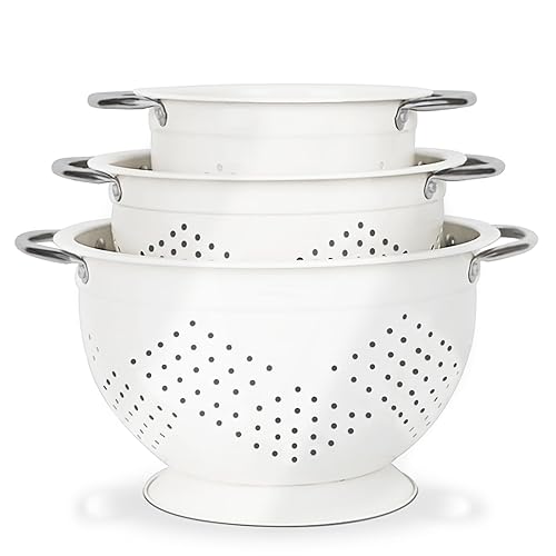 Hillbond Colander Set for Kitchen, 1.5, 3, 5 Qt Stainless Steel Handle Food Strainers and Colanders for Pasta, Vegetables, and Fruits, Coated Metal Kitchen Essential Colanders - white2