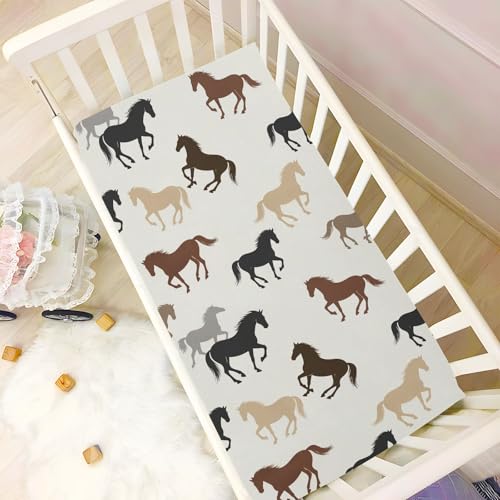 Image of Horses Beige Fitted Crib Sheet for Boys Girls Baby Mini Crib Sheets Fitted for Toddler Bed,52 X 28 in