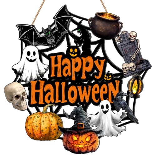 Halloween Ghost Wreath – Wooden Door Sign with Pumpkin & Bat