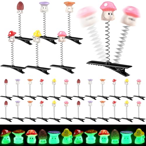 Luinabio 30 Pcs Mini Glow in the Dark Hair Clips Rave Hair Clips for Women Carnival Music Festival Holiday Party Supplies (Funny Mushroom)