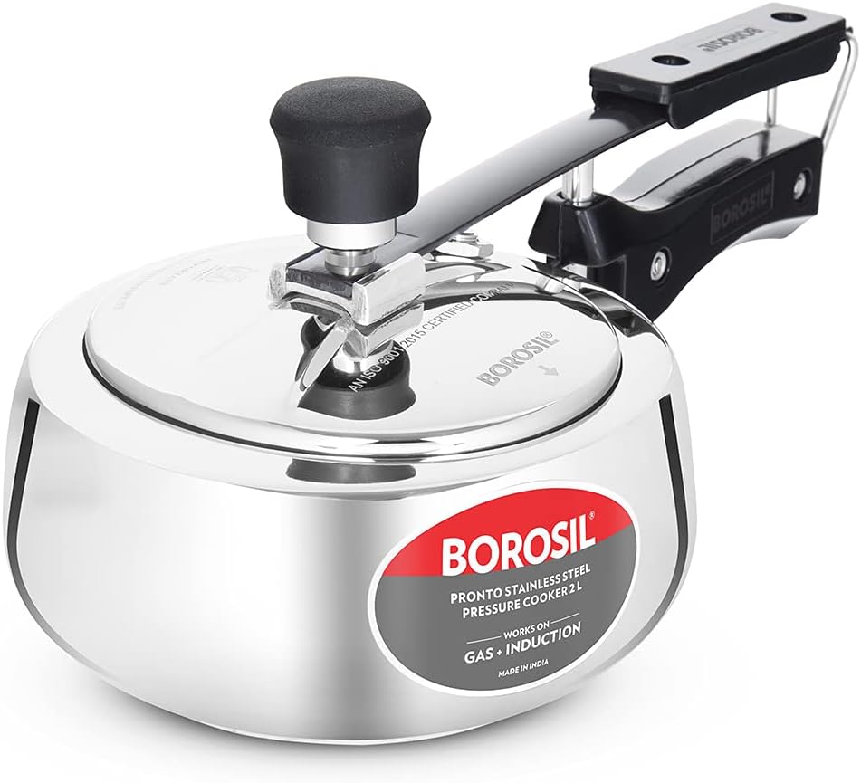 Borosil 2L Pronto Stainless Steel Pressure Cooker with Inner Lid | Gas & Induction Compatible | 6.8 mm Heavy Encapsulated Base | SS304 Food Grade | 5 Year Warranty
