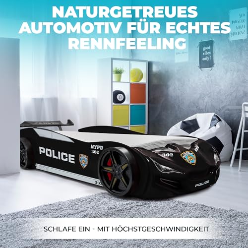 MARQA Kinderbett |Bodenbett | Kinderbett 90x200 |Autobett Rennwagenbett |Polizeiautobett inkl.Rollrost (ohne Matratze, Schwarz babybett)