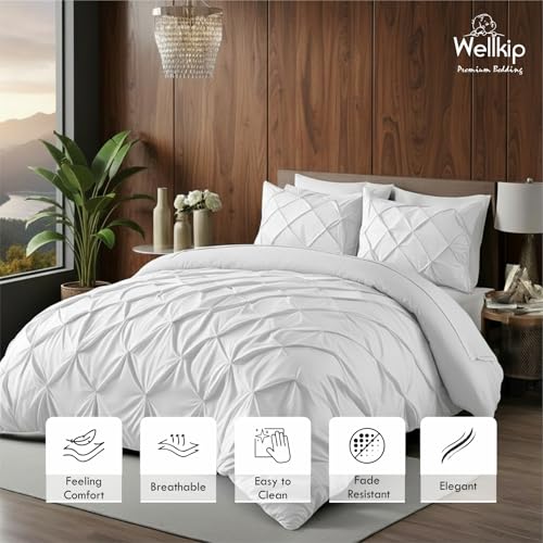 Image of Pinch Pleated Duvet Cover Set 1000TC 100% Cotton Premium 3-Pieces 1-Duvet Cover & 2-Pillow Cover Luxury Look Home and Hotel Zipper & 8-Tie Closure (White, Single 60 X 90 Inch)