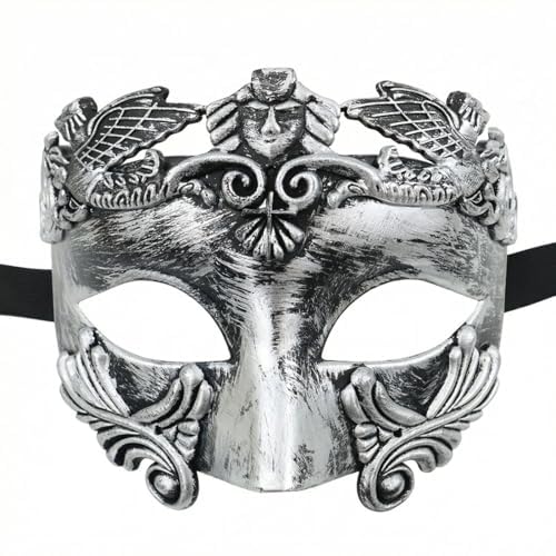 HWZENQZ Masquerade Mask for Men,Roman Vintage Greek Warrior Venetian Masks for Halloween, carnival masks, and Easter parties (Silvery)