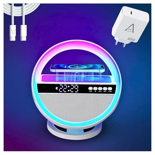 Lámpara de Mesa LED RGB Inteligente 6 en 1 Grande con Forma de O, Altavoz Bluetooth, Radio FM, Reloj Despertador, Cargador Inalámbrico QI 15W, Lámpara de Luz Nocturna RGB Regulable, Adultos, Niños.
