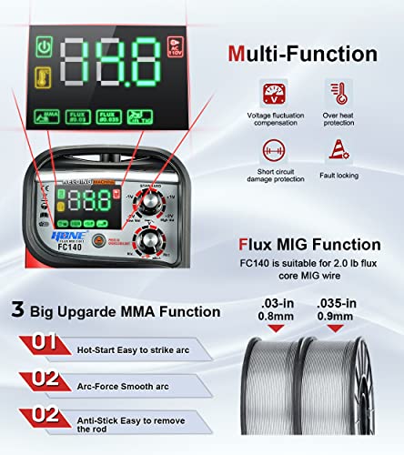 Hone Mig Welder 110V, Actual 140Amp Flux Core Welder/Stick Welder/Lift Tig 3 In 1 Synergic Welding Machine, Smart Igbt Inverter Large Led Display Gasless Wire Welder With Welding Gun #TOP4