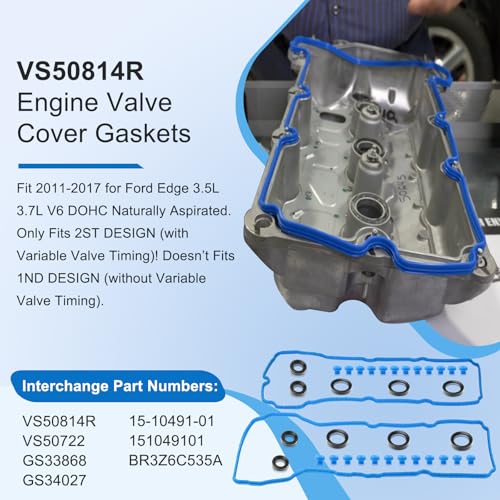 Image of VS50814R Valve Cover Gasket Set Fits for Ford Explorer Edge Mustang F-150 2015-2020, Valve Cover Gaskets VS50722 Replace for Lincoln MKX /Z /S /T Transit 150 /250 /350 and More Models (36PCS 3.5 3.7L V6)