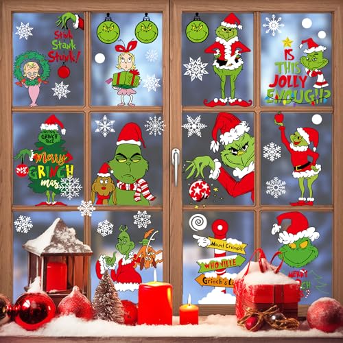 Christmas Window Clings Winter Xmas Window Stickers Double Sided Reusable Christmas Cute Cartoon Holiday Window Decals Home Office Decoration Stickers for Party 9 Sheets