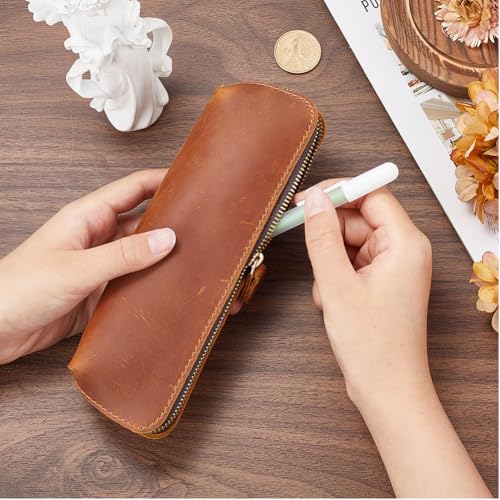 GORGECRAFT Large Capacity Crazy Horse Leather Pen Case Genuine Leather Pen Pencil Cases Big Pencil Pouch with Zipper Vintage Pen Organizer Stationery Bag for Men Women Artists Handmade Saddle Brown - Image 3