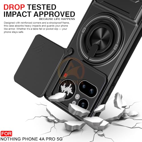 Image of Nothing Phone 4A Pro 5G Back Cover | Armor Camera Slider 360 Degree Rotating Finger Ring Holder Case with Bracket Stand Back Case Cover (Compatible with MagSafe Accessories) (Black)