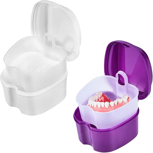 Miniatura 96 de Paquete de 2 cajas de baño para dentaduras postizas, contenedor de almacenamiento con cesta coladora para limpieza de viajes (azul claro y azul)