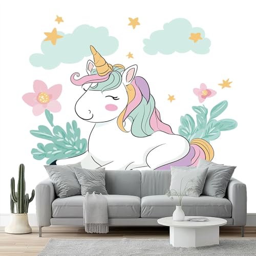 Fotomurales Unicornio, cuento de hadas, dulce Papel pintado tejido no tejido decoración Pared decorativos 250 x 175 cm Sala Cuarto Oficina Salón Decoración Casa Color blanco