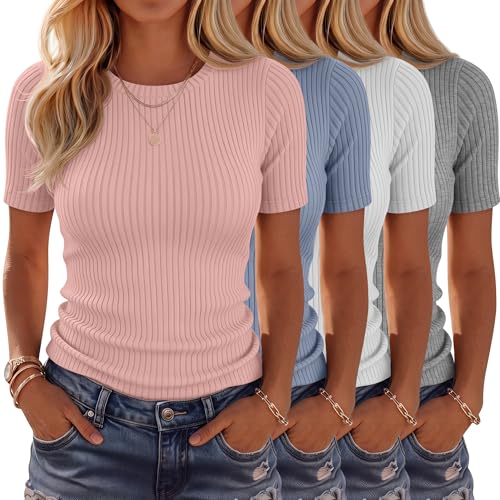 Neer 4 Pack Womens Ribbed T-Shirts Cotton Short Sleeve Fitted Basic Tops Crew Neck Casual Shirts Summer Trendy Tees 2026(White Light Blue Light Pink Light Mixed Gray Large)