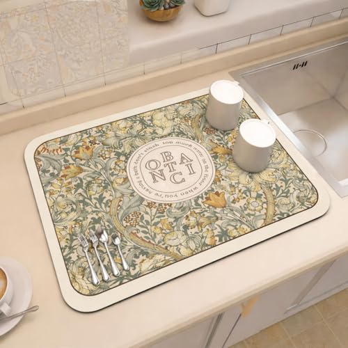 Image of HomeCloud Super Absorbent Dish Drying Mat for Kitchen Counter - Non-Slip, Heat-Resistant Rack Pad - Hides Stains, Ideal for Dishes, Coffee Maker & Kitchen Appliances (Beige Botanica, 50x40 cm)