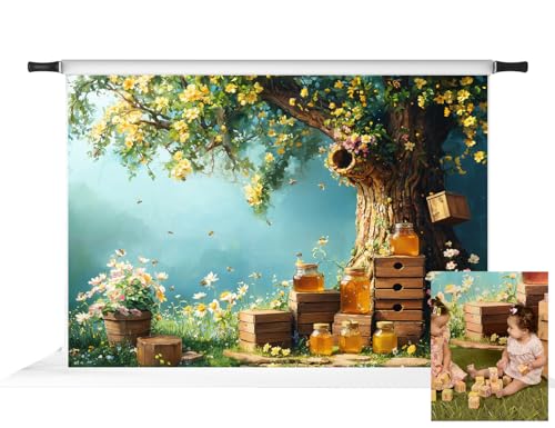 Kate Honey Bee Honeycomb Painted Tree Birthday Photo Backdrop, 7x5ft