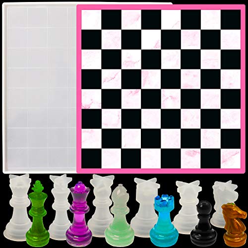 Chess Board Resin Mold Set, 1 Pcs Large Checker Board Epoxy Casting Mold with 6 Pcs 3D Chess Pieces Silicone Molds for DIY Art Crafts Jewelry Making, Family Board Games