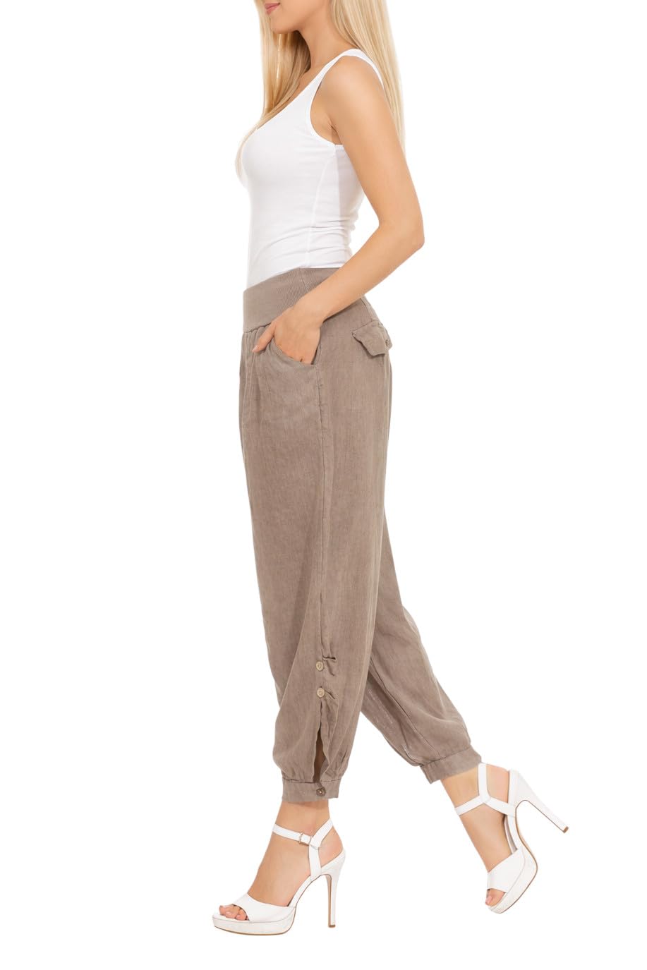 Mississhop Pantalon de loisirs décontracté pour femme en toile 100 % lin avec boutons uni - Marron - W40