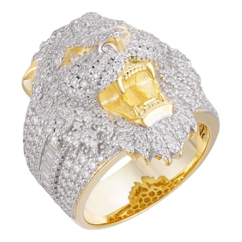 Gold Moissanite Lion Ring for Men – 14k Gold Vermeil Over 925 Silver – 3.15ct VVS D Iced Hip Hop Ring – Heavy 3D Lion Head Pinky Ring