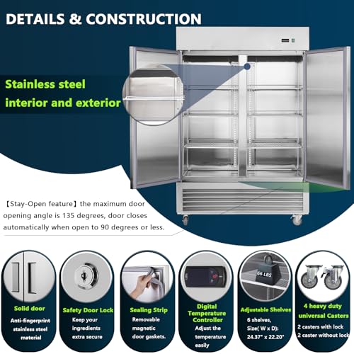 Image of 54 inch W Commercial Refrigerators, 2 Solid Door Stainless Steel Upright Commercial Freezer, Commercial Fridge 42.2 Cu.ft Fan Cooling for Restaurants & Food Service