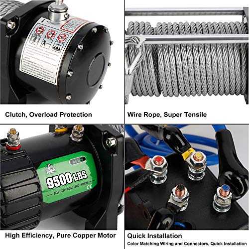 9500 lb. Load Capacity Powersports Winch for Jeep, OFF ROAD BOAR 12V IP67 Waterproof Electric Winch with Steel Wire Rope, Wireless Handheld Remote and Wired Handle