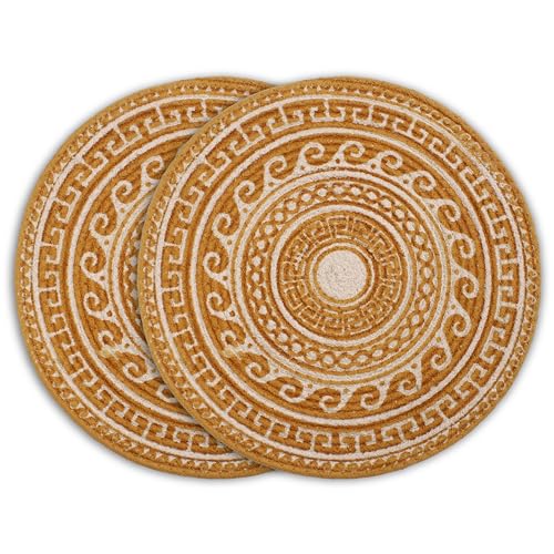 Image of Dining Table Mats Set of 2 | Cotton Table Mat 32 cm Diameter, Encasa XO Washable Round Table Mats, Heat Resistance Dining Table Placemats, Handmade Ribbed Style for Centre Table, Mustard Mandala Print