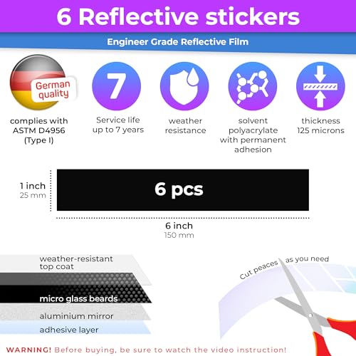 Image of LOOM Reflective Stickers for Helmet | 6pcs Engineer Black | Similar to 3M Reflective Tape | Bike Reflectors for Night Riding, Mailbox reflectors | Waterproof hi vis Decals for Car, Trailer