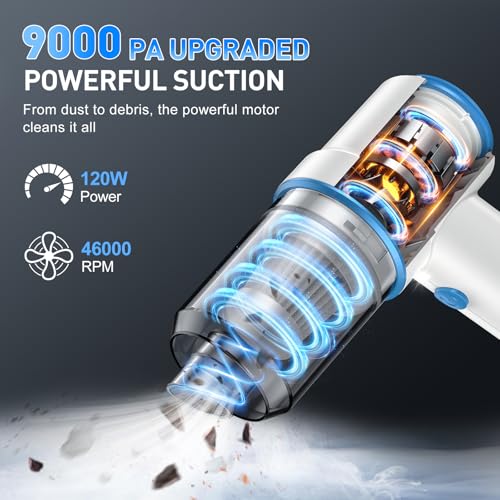 Image of KMM Handheld Car Vacuum Cleaner, 9000PA Vacuum Cleaner & Air Duster, 120W High Power Vacuum Portable Cordless, Hand Held Vacuum Rechargeable with Multi-Nozzles & LED Light for Home, Car, Office