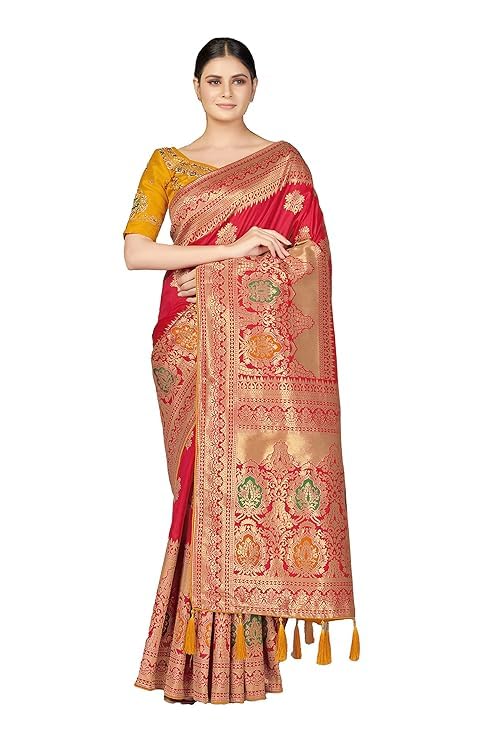 Monjolika Fashion Women's Red Zari Woven Soft Silk Saree With Blouse Piece For Wedding Deal