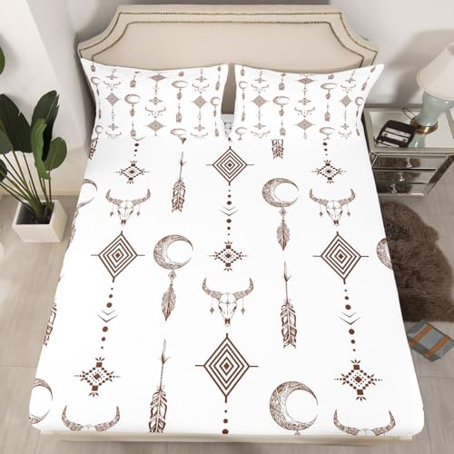 Erosebridal Aztec Fitted Sheet Twin Western Tribal Bed Sheets for Kids Boys Girls Rustic Square Bull Skull Horns Ethnic Sheets Geometric Retro Cow Boho Arrows Feathers White Bedding Set