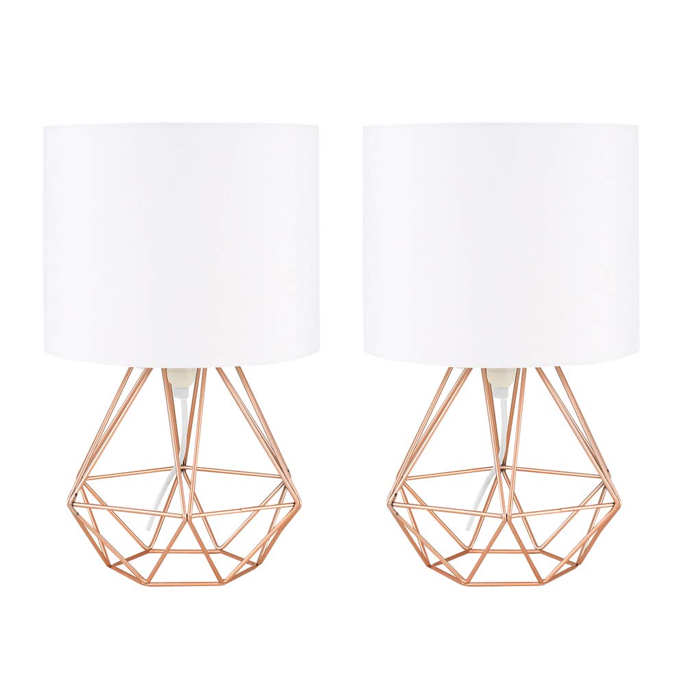 MiniSun | Modern Copper Metal Basket Table Lamps with White Fabric Shades | Table Lamps, Home Décor & Improvement Essential | Set of 2 | Includes 4W Bulb [3000K Warm White]